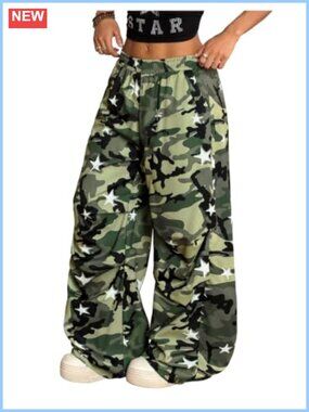Baggy Camo Cargo Pants Wide Leg Mid Rise Pull On Trousers